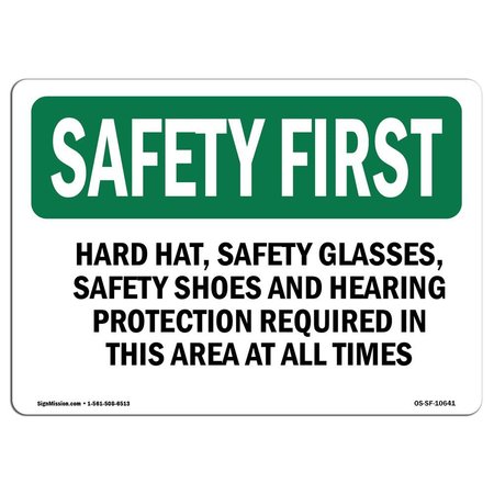 SIGNMISSION OSHA Sign, Hard Hat Glasses Shoes And, 14in X 10in Decal, 14" W, 10" H, Landscape OS-SF-D-1014-L-10641